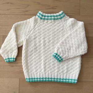 Hand Crafted Cream Knit Sweater with Mint Green Trim